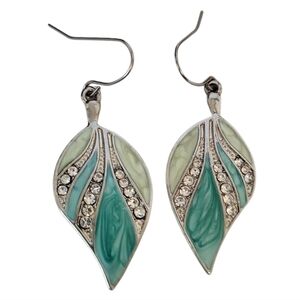 Enamel Silver Green Leaf Clear Crystal Earrings